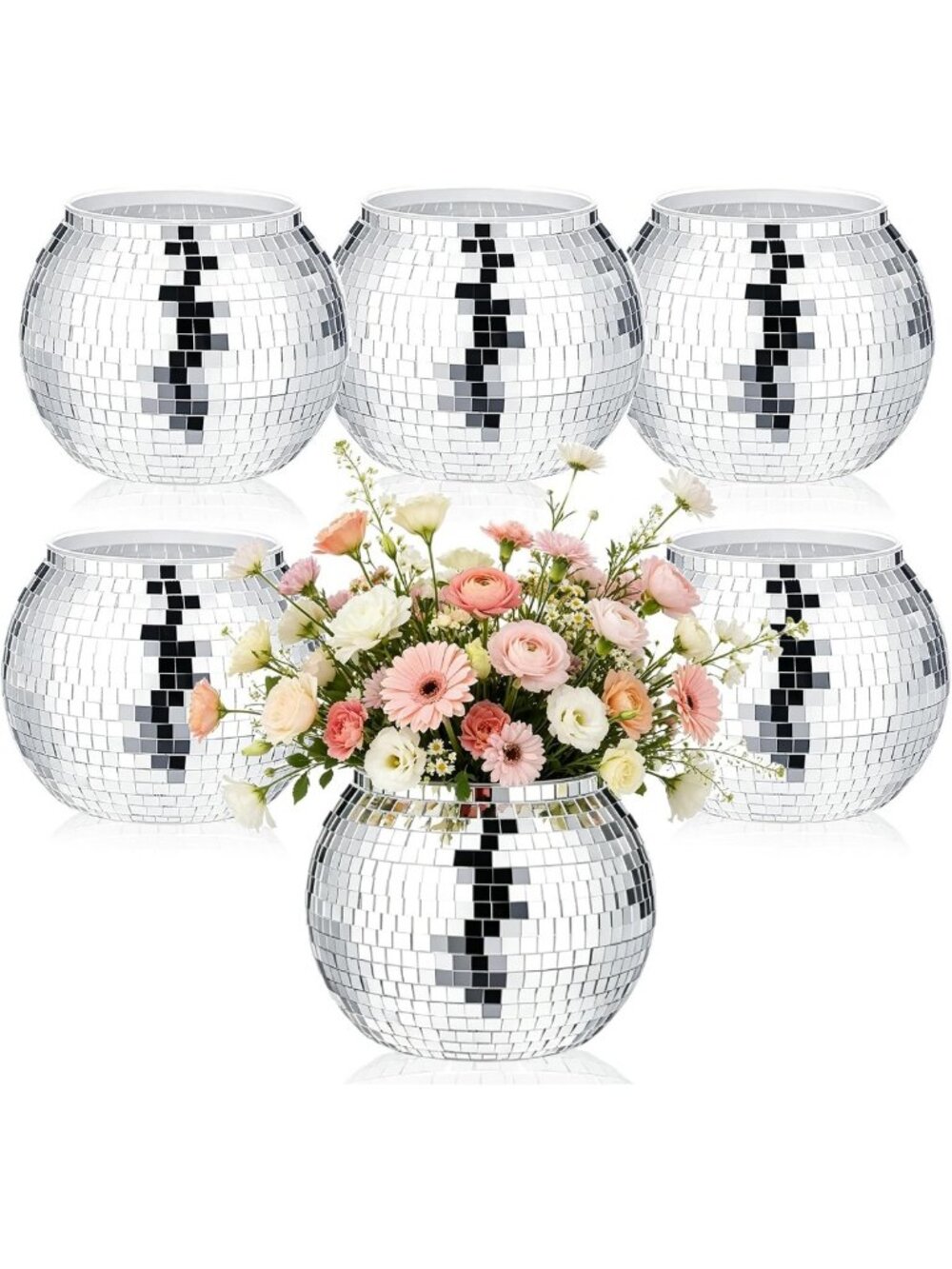 6 Pcs Silver Mirror Disco Ball Vases - 6" Centerpieces for Weddings, Parties